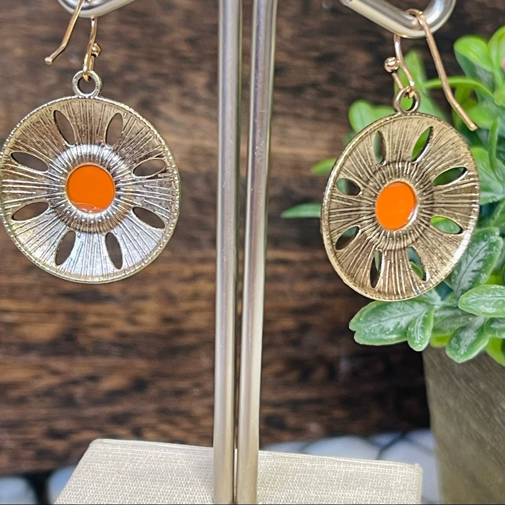 BOHO EARRINGS Mountain Sunshine Fun Bright coral gold warm ROUND sunburst floral - Picture 3 of 5